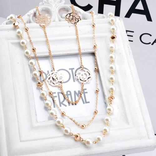 New Simulated Pearls, Hollow Metallic Rose Flower,Golden Beads 3 Chains Women Fashion Choker Necklace Jewelry(around 88 cm)