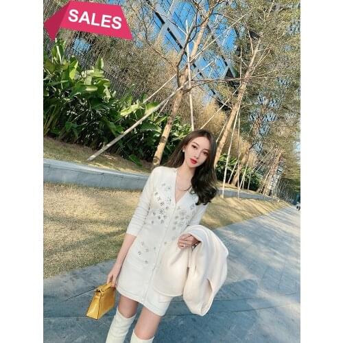 Tight elastic skirt new heavy industry Beaded slim V-neck fine worsted cashmere knitted dress