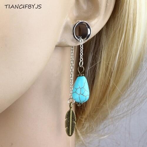 TIANCIFBYJS Opal Stone Leaf Dangle Ear Plug and Tunnel Double Flared Piercing Plugs Earrings Stretcher Gauge Flesh Tunnels 60pcs