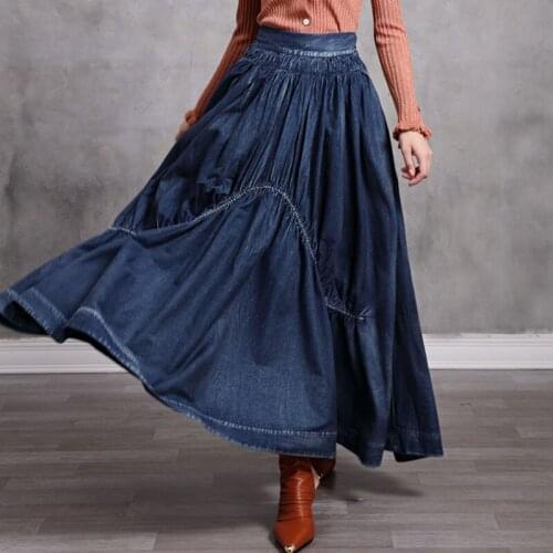 SeeBeautiful A-line Denim Half-body Skirt Elastic Waist Large Size Pleated Vintage Woman Spring 2021 New Fashion T650