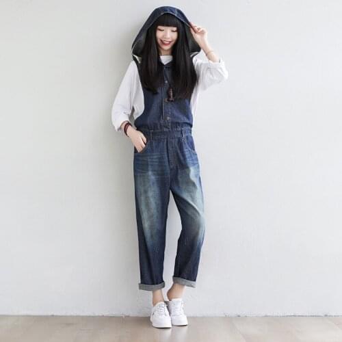 Women Autumn Hooded Jumpsuits Ladies Loose Denim Overalls Female Washed Bleached Denim Rompers Scratched Jumpsuits 2020