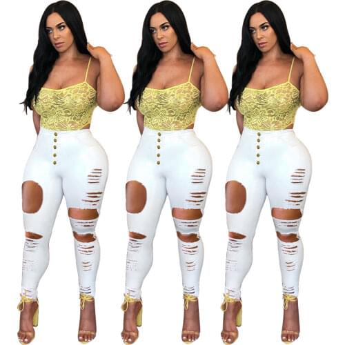 Summer 2021 Women White Ripped Jeans Sexy Hollow Out Destroyed Denim Pencil Pants Lady Fashion Button High Waist Skinny Jeans