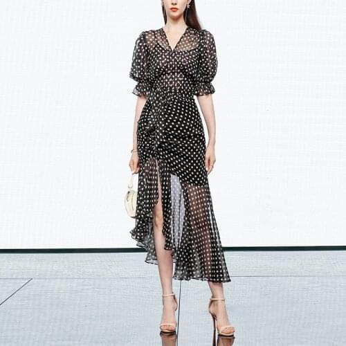 2021 Summer New Womens Temperament French Polka Dot Chiffon Waist Slimming Lantern Sleeve Dress Long Skirt