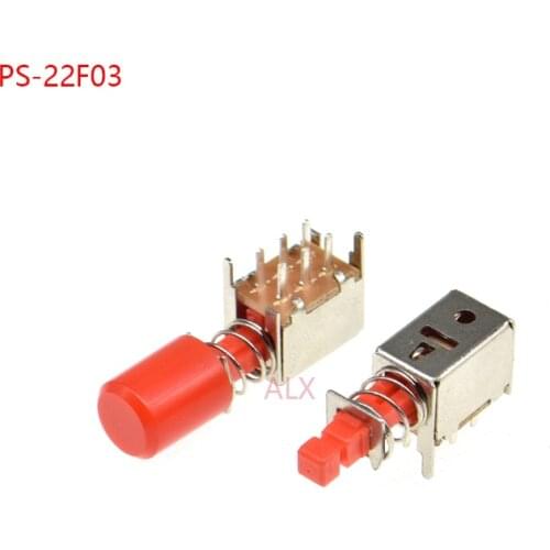 10pcs PS-22F03 Right Angle PCB Latching Push Button Switch with cap DPDT Double Pole 6 Pin self-locking key power switches