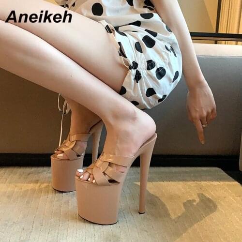 Aneikeh Fashion Patent Leather Platform Head Peep Toe Narrow Band Roman Party Classics Solid Summer Womens Shoes Shallow Sexy