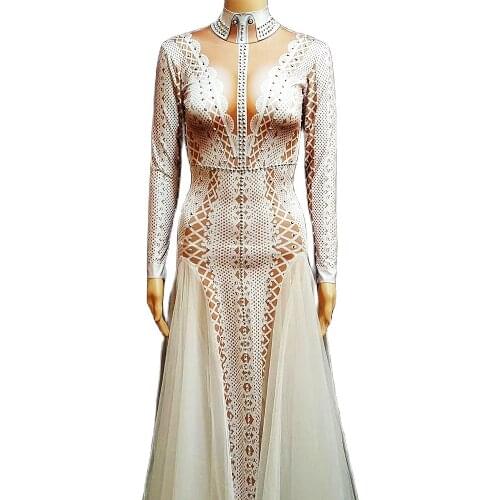 White Pattern Printing Mesh Gauze Floor-Length Dress Rhinestones Long Trailing Dresses Party Evening Costume Women Stage Wear