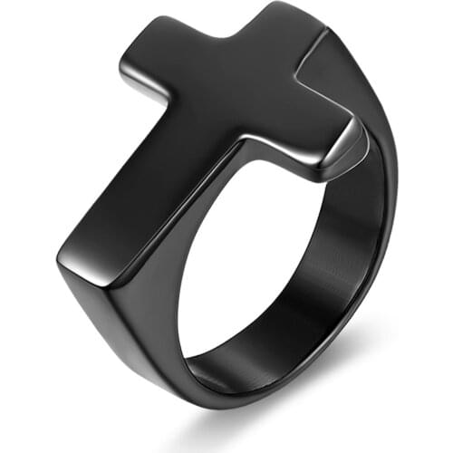 BONISKISS Simple Vintage Black Big Cross Ring For Men Classic Stainless Steel Black Color Finger Ring Anillo Male Jewelry Gift