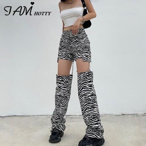 Removable Metal Chains Zebra Print Y2K Pants Women Hip Hop Wide Leg High Waist Streetwear Female Club Party Sexy Pants Iamhotty