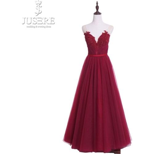 Jusere A-Line V-Neck Sleeveless Long Prom Dress 2018 With Lace Appliques Pleat Formal Evening Gowns