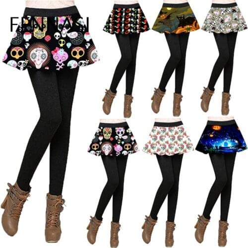 FENNASI Sexy Black Winter Warm Woman Leggings Halloween Ladies Leggings With Skirt High Waist Printing Pumpkin Hand Leggings