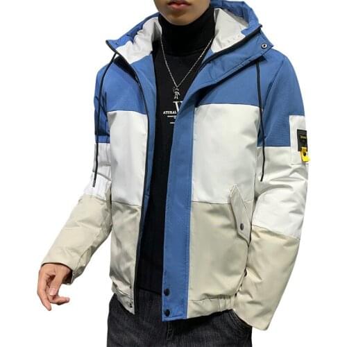 Contrast Stitching Fashion Hooded Cotton Coat Jacket Autumn Winter Mens Tooling Style Handsome Jacket Thick Warm Male Jacket