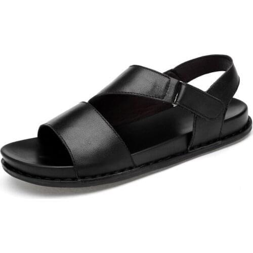 Mens Summer Casual Beach Sandals Comfort Platform Flats Shoes Genuine Leather Ankle Strap Open Toes Outside Man Leisure Slippers