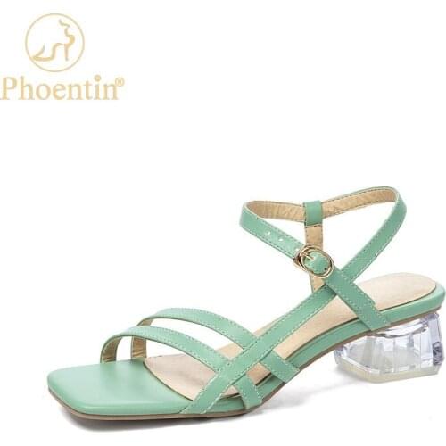 Phoentin Transparent Square mid Heel Sandals Summer Female Shoes Microfiber Ankle Strap Buckle Women sandals Big Size 45 FT1597