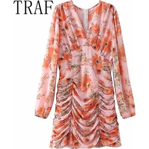TRAF womens fashion printed v neck long sleeved dress bpdycno party club