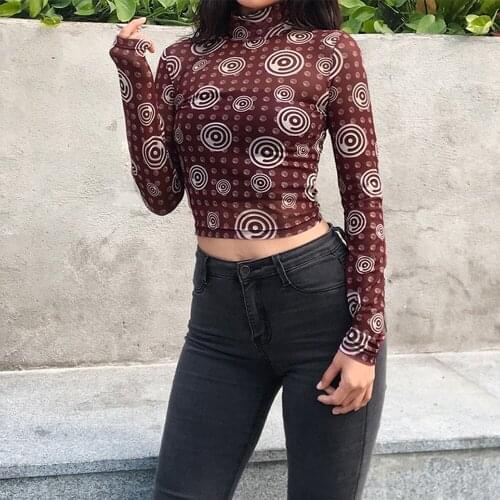 Transparent Sexy Short T-Shirt Turtleneck Paisley Womens Mesh Top Bodycon Dot Long Sleeve Red Short Shirt Women Spring Autumn