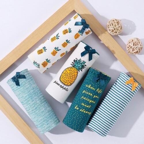 Lovely Cartoon Fruits Print Womens Briefs Soft Cootton Seamless Panties Letter Low Rise Underwear with Bow Female Sexy Lingerie