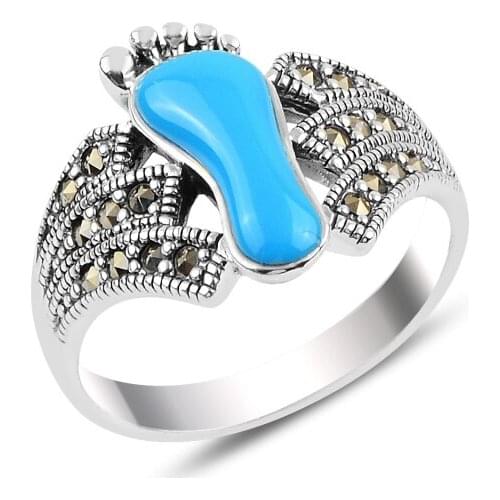 Silverlina Silver Turquoise & Marcasite Stone Footprint Ring