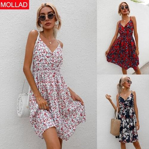 Summer 2021 European and American Womens Clothing Spaghetti-Strap Floral Print V-neck Dress