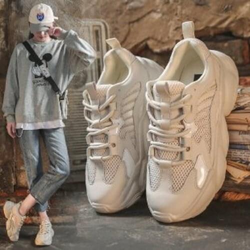 Womens Chunky Sneakers Thick Bottom Platform Student Sports Shoes Breathable Casual Flats for Woman Female 2021 New White Shoe