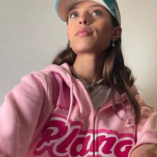 Pink Letter Print Zipper Hooded Sweatshirt Autumn Women Y2K Retro Casual Pocket Hooded Loose Oversized Jumper Jacket Coats Tops