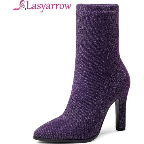 Lasyarrow Womens Boots Pointed Toe Elastic Slip On Ankle Boots Thick Heel High Heels Shoes Woman Female Socks Boots 2018 Autumn