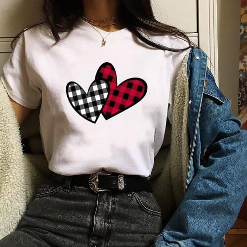 Seeyoushy Woman Tshirts Lattice Hearts Printed Valentines Day Shirts for Women Fashion Harajuku Top O Neck Female Camiseta Mujer