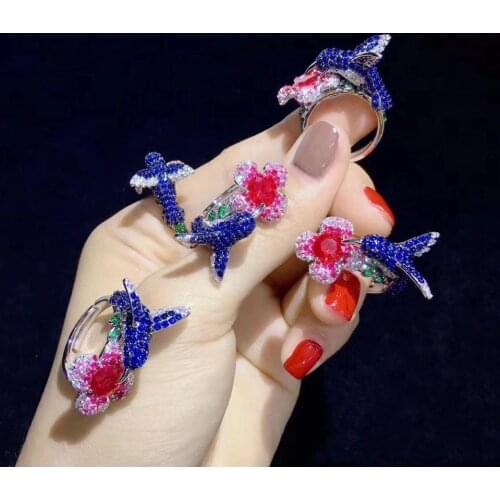 Blue bird and flower ring adjustable size 925 sterling silver with cubic zircon fine women jewelry cocktail ring