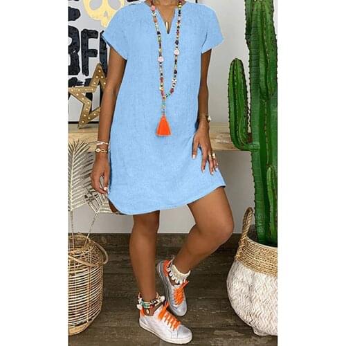 Women Commute Loose Dress Comfortable Short Sleeve V Neck Casual Beach Dresses Outer Wear Ropa Mujer Female Vestidos Daily Wear