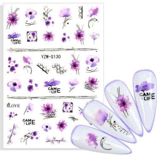 1pcs Chic Flower Nail Stickers Noble Purple Bouquet Decals for DIY Nails Art Flower Line Spring Manicure Decoration Accessories