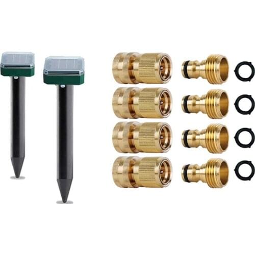 2 Pack Ultrasonic Gopher Repellent for Garden Yard with 4 Set Garden Hose Quick Connectors Brass 3/4 Inch