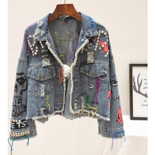 2021 Spring Autumn Women Street Fashion Graffiti Denim Jacket Female Personality Short Raw Cut Rivet Fringe Jean Coat