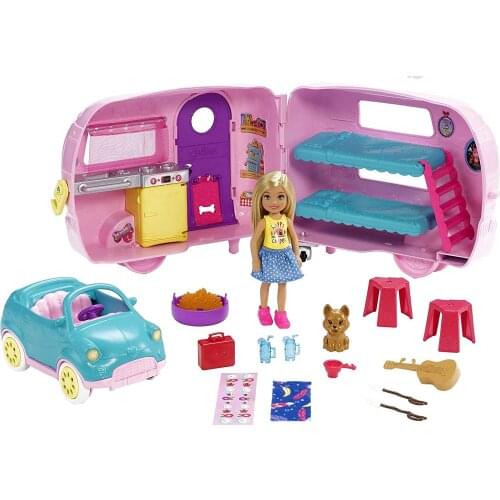 Barbie® Club Chelsea™ Camper Playset with Chelsea™ Doll, Puppy, Car, Camper, Firepit, Guitar and 10 Accessories