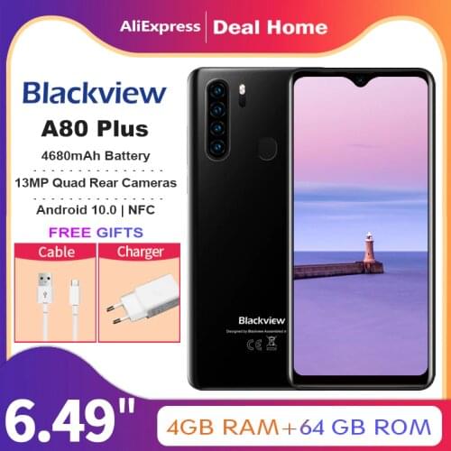 Blackview A80 Plus 6.49 Inch 4GB+64GB 13MP Octa Core Quad Rear Camera 4G 4680mAh NFC Mobile Phone Waterdrop Smartphone Cellphone