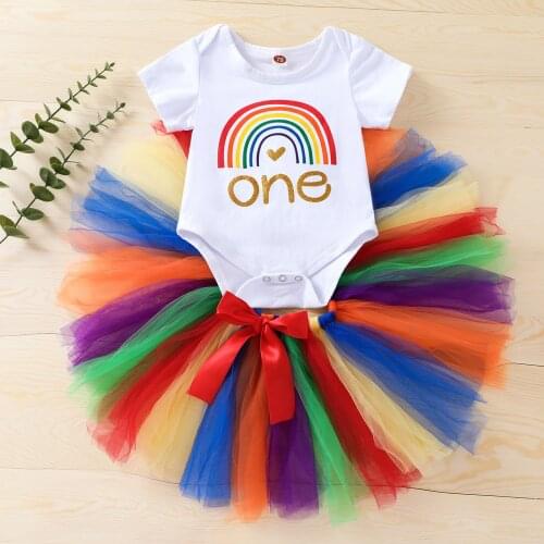 Baby 1st Birthday Party Outfits Summer Toddler Kids Baby Girls Clothes Sets Letter Print Bodysuits Tops+Rainbow Tulle Skirts
