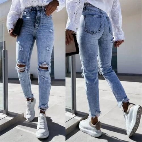 JAYCOSIN Jeans Women Button High Waist Pocket Elastic Hole Jeans Trousers Slim Denim Pants Mom Ripped Jeans 2021Slim Trousers