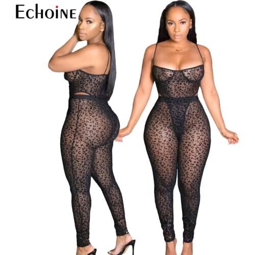 Echoine Women Sexy 2 Two Piece Set Club Outfit Clothes Mesh Perspective Overall+Fitness Legging Sweat Suits Casual Matching Set