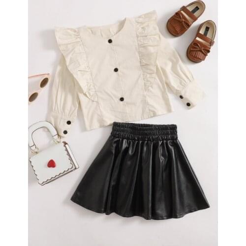 FOCUSNORM Fashion Kids Girls Clothes Sets Ruffles Flying Long Sleeve Single Breasted Tops Leather A-Line Skirts