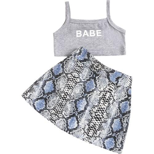 Infant Kids Bbay Girls Clothes Set, Letter Print Sleeveless Square Collar Cropped Tops + Snakeskin Print Short Skirt 1-5Y