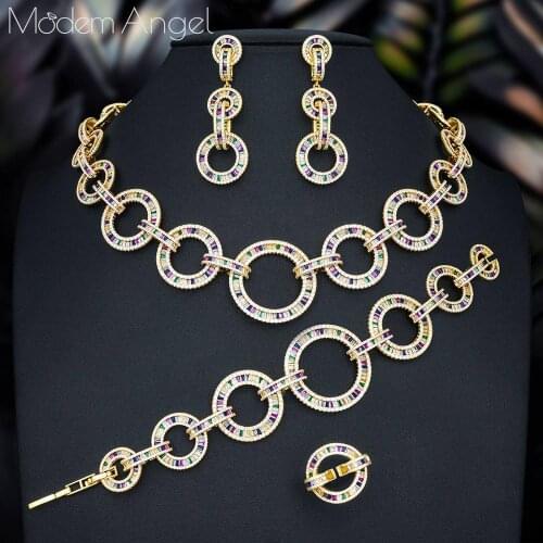 ModemAngel Luxury Link Chain Cross Dubai Gold Jewelry Set Nigerian Wedding African Beads Bridal Jewellery Set Cubic Zircon Jewel