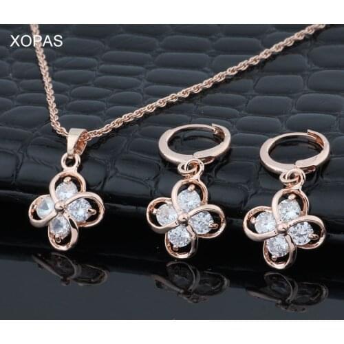 XOPAS Lead and Nickel Free Copper 585 Rose Gold Color Jewelry Set Earrings and Pendant For Women Gift