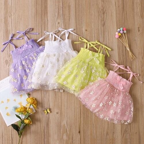 Baby Girls Casual Princess Dress Floral Printed Pattern Boat Neck Tie Up Slip Dress White/ Yellow/ Pink/ Purple