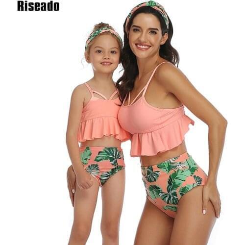 Riseado Leaf Print Bikini Mother and Daughter Swimsuit Women Ruffle Swimwear High Waist Summer Beachwear Hollow Out Swim Wear