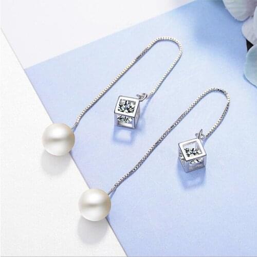KOFSAC New Fashion Sterling Silver 925 Earrings For Women Charming Square CZ Pearl Eardrop Ear Line Jewelry Valentines Day Gift