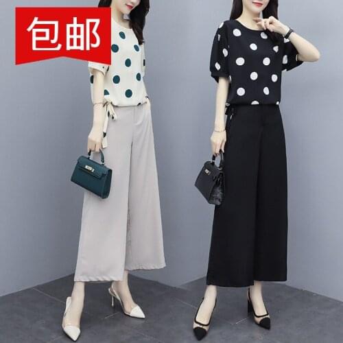 Chiffon suit Poldian womens summer 2021 new large womens clothing fat sister small wide leg pants two piece set