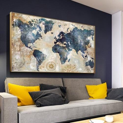 Modern Painting World Map Poster Large Canvas Wall Art Painting Print On Canvas Home Decor Art Picture For Living Room Unframed