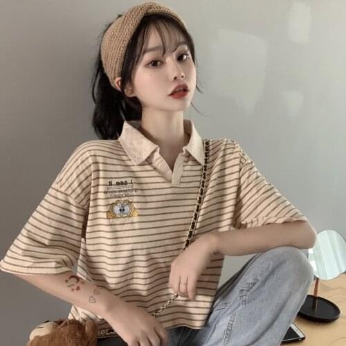 Loose Casual Ins Striped Lazy T-shirt Womens T-shirts Tops Japanese Kawaii Ulzzang Female Korean Harajuku Clothes For Women