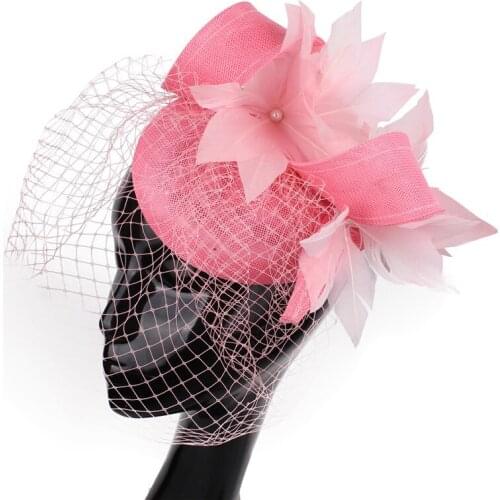 New Feather Flower Mesh Fascinator Hat Hair Clip Bridal Net Headpiece with Fancy Feather Veils Hair Accessories Headband Caps