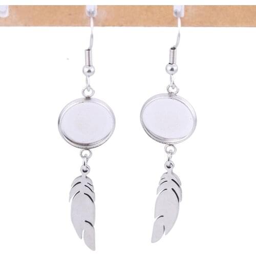 10pcs Stainless Steel Blank 10mm 12mm Cabochon Earring Base Settings with feather charms diy bezel material for earrings making