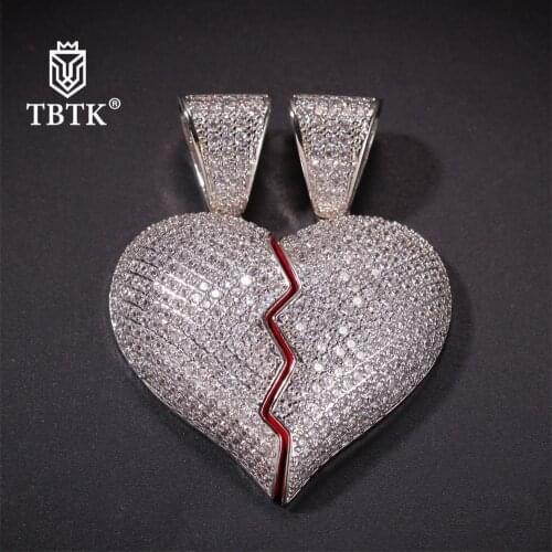 TBTK Iced Out Two Half Heart Couple Pendant Unisex Copper Zirconia Luxury Jewelry Punk Charms Necklace Ture Love Token