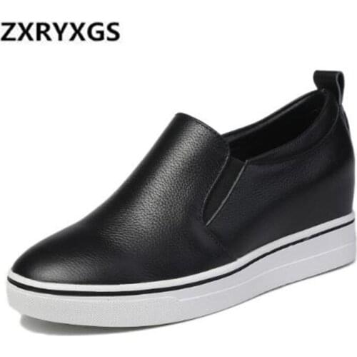 Hot 2019 Spring New Cowhide Leather Shoes Comfort Increase Within Women Shoes Non-slip Platform Casual Women High Heel Shoes